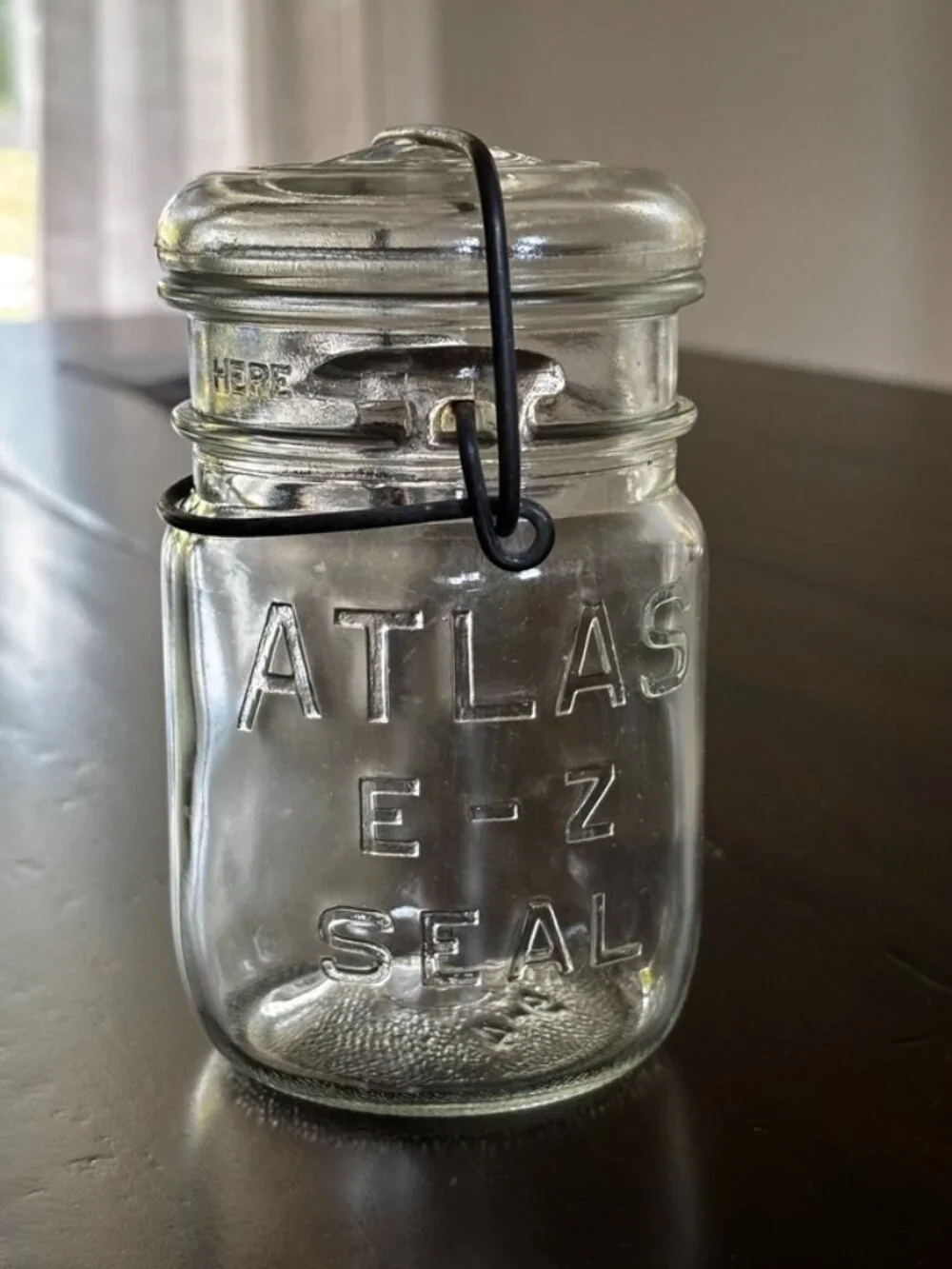 Hazel-Atlas “Atlas E-Z Seal” clear glass canning jar, likely 1930s–1940s.